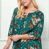 3/4 Button Cuff Sleeve Cutout Removable Trim Front Neck Dash Foil Overlay Blouse - Plus