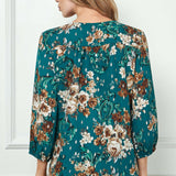 3/4 Button Cuff Sleeve Cutout Removable Trim Front Neck Dash Foil Overlay Blouse