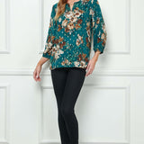 3/4 Button Cuff Sleeve Cutout Removable Trim Front Neck Dash Foil Overlay Blouse