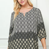 3/4 Elastic Sleeve Cutout Trim Front Neck Border Print Blouse in Black - Plus