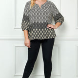 3/4 Elastic Sleeve Cutout Trim Front Neck Border Print Blouse in Black - Plus