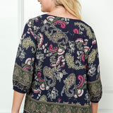 3/4 Elastic Sleeve Cutout Trim Front Neck Border Print Blouse in Navy - Plus