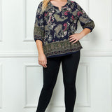 3/4 Elastic Sleeve Cutout Trim Front Neck Border Print Blouse in Navy - Plus
