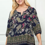 3/4 Elastic Sleeve Cutout Trim Front Neck Border Print Blouse in Navy - Plus