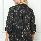 3/4 Button Tab Sleeve Covered Button + Loop on V-Neck Popover Rain Foil Print Blouse in Black - Plus