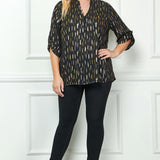 3/4 Button Tab Sleeve Covered Button + Loop on V-Neck Popover Rain Foil Print Blouse in Black - Plus
