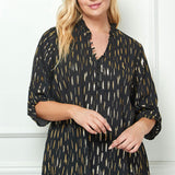 3/4 Button Tab Sleeve Covered Button + Loop on V-Neck Popover Rain Foil Print Blouse in Black - Plus