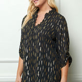 3/4 Button Tab Sleeve Covered Button + Loop on V-Neck Popover Rain Foil Print Blouse in Black - Plus
