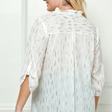 3/4 Button Tab Sleeve Covered Button + Loop on V-Neck Popover Rain Foil Print Blouse in Ivory - Plus