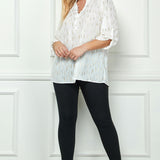 3/4 Button Tab Sleeve Covered Button + Loop on V-Neck Popover Rain Foil Print Blouse in Ivory - Plus