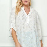 3/4 Button Tab Sleeve Covered Button + Loop on V-Neck Popover Rain Foil Print Blouse in Ivory - Plus