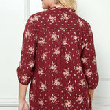 3/4 Button Tab Sleeve Covered Button + Loop Placket Front V-Ruffle Neck Dash Foil Overlay Popover Blouse - Burgandy - Plus