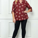 3/4 Button Tab Sleeve Covered Button + Loop Placket Front V-Ruffle Neck Dash Foil Overlay Popover Blouse - Burgandy - Plus