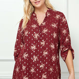 3/4 Button Tab Sleeve Covered Button + Loop Placket Front V-Ruffle Neck Dash Foil Overlay Popover Blouse - Burgandy - Plus