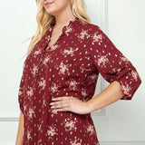 3/4 Button Tab Sleeve Covered Button + Loop Placket Front V-Ruffle Neck Dash Foil Overlay Popover Blouse - Burgandy - Plus