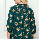 3/4 Button Tab Sleeve Covered Button + Loop Placket Front V-Ruffle Neck Dash Foil Overlay Popover Blouse - Burgandy - Plus