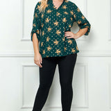3/4 Button Tab Sleeve Covered Button + Loop Placket Front V-Ruffle Neck Dash Foil Overlay Popover Blouse - Burgandy - Plus