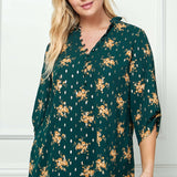 3/4 Button Tab Sleeve Covered Button + Loop Placket Front V-Ruffle Neck Dash Foil Overlay Popover Blouse - Burgandy - Plus