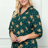 3/4 Button Tab Sleeve Covered Button + Loop Placket Front V-Ruffle Neck Dash Foil Overlay Popover Blouse - Hunter - Plus