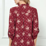 3/4 Button Tab Sleeve Covered Button + Loop Placket Front V-Ruffle Neck Dash Foil Overlay Popover Blouse - Burgandy