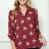 3/4 Button Tab Sleeve Covered Button + Loop Placket Front V-Ruffle Neck Dash Foil Overlay Popover Blouse - Burgandy