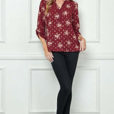 3/4 Button Tab Sleeve Covered Button + Loop Placket Front V-Ruffle Neck Dash Foil Overlay Popover Blouse - Burgandy