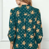 3/4 Button Tab Sleeve Covered Button + Loop Placket Front V-Ruffle Neck Dash Foil Overlay Popover Blouse - Olive