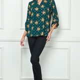 3/4 Button Tab Sleeve Covered Button + Loop Placket Front V-Ruffle Neck Dash Foil Overlay Popover Blouse - Olive