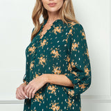 3/4 Button Tab Sleeve Covered Button + Loop Placket Front V-Ruffle Neck Dash Foil Overlay Popover Blouse - Olive