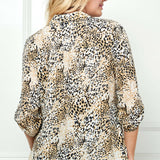 3/4 Button Tab Sleeve Collar Patch Pockets Button Front Shirt Blouse In Taupe/Black/Ivory - Plus