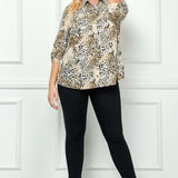 3/4 Button Tab Sleeve Collar Patch Pockets Button Front Shirt Blouse In Taupe/Black/Ivory - Plus