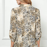3/4 Button Tab Sleeve Collar Patch Pockets Button Front Shirt Blouse In Taupe/Black/Ivory