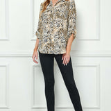 3/4 Button Tab Sleeve Collar Patch Pockets Button Front Shirt Blouse In Taupe/Black/Ivory