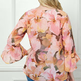 3/4 Ruffle Sleeve V-Neck Swing Blouse in Yellow/Peach/Brown - Plus