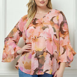 3/4 Ruffle Sleeve V-Neck Swing Blouse in Yellow/Peach/Brown - Plus