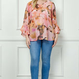 3/4 Ruffle Sleeve V-Neck Swing Blouse in Yellow/Peach/Brown - Plus