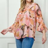 3/4 Ruffle Sleeve V-Neck Swing Blouse in Yellow/Peach/Brown - Plus
