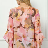 3/4 Ruffle Sleeve V-Neck Swing Blouse in Yellow/Peach/Brown