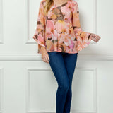 3/4 Ruffle Sleeve V-Neck Swing Blouse in Yellow/Peach/Brown