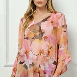 3/4 Ruffle Sleeve V-Neck Swing Blouse in Yellow/Peach/Brown