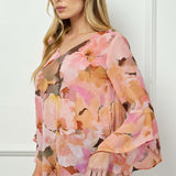 3/4 Ruffle Sleeve V-Neck Swing Blouse in Yellow/Peach/Brown