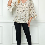 3/4 Ruffle Sleeve V-Neck Dash Foil Print Blouse in Beige - Plus