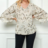 3/4 Ruffle Sleeve V-Neck Dash Foil Print Blouse in Beige - Plus