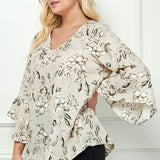 3/4 Ruffle Sleeve V-Neck Dash Foil Print Blouse in Beige - Plus