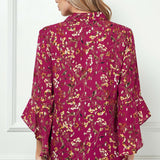 3/4 Ruffle Sleeve Collar Button Front Dash Foil Overlay Blouse