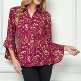 3/4 Ruffle Sleeve Collar Button Front Dash Foil Overlay Blouse