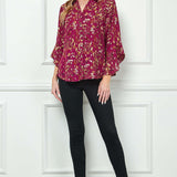 3/4 Ruffle Sleeve Collar Button Front Dash Foil Overlay Blouse