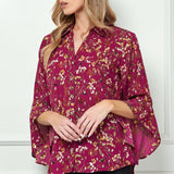 3/4 Ruffle Sleeve Collar Button Front Dash Foil Overlay Blouse