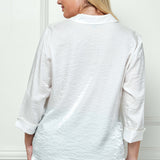 3/4 Notch Sleeve Button Front Spread Collar Blouse in White - Plus