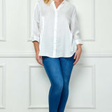 3/4 Notch Sleeve Button Front Spread Collar Blouse in White - Plus